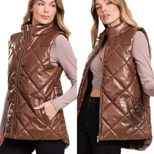 Zenana Brown Faux Leather Puffer Vest Size Large Women